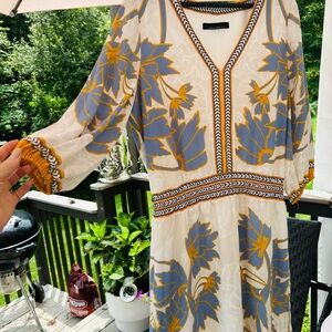 White House Black Market Blue and Gold Floral Long Sleeve Dress